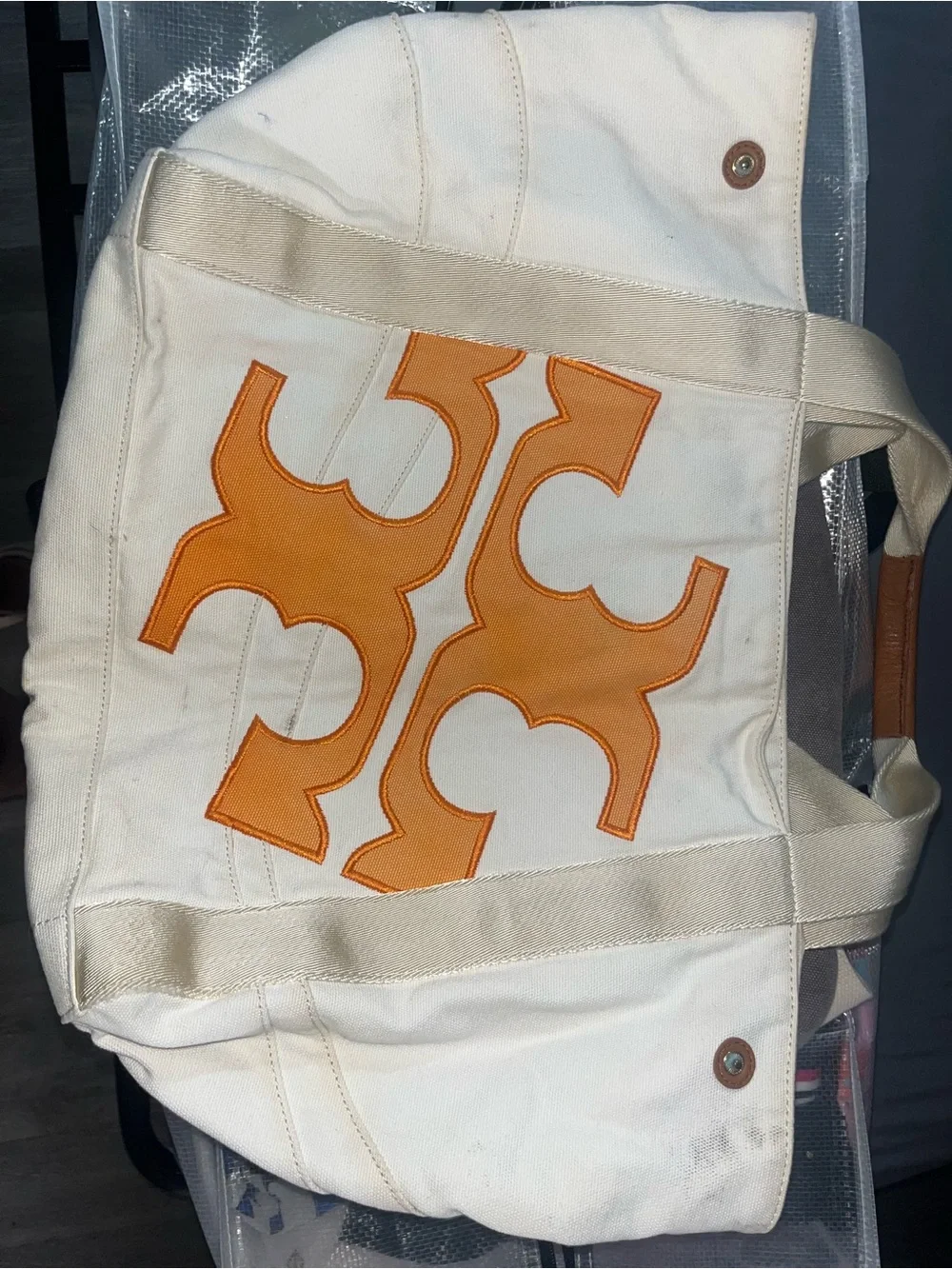Tory Burch Canvas Tote Bag with Orange Appliqué